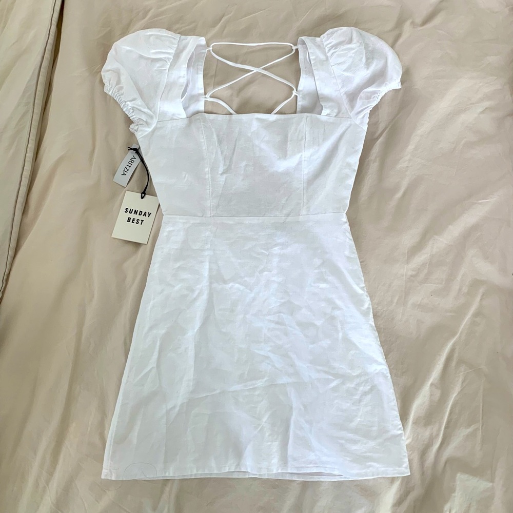 Aritzia babydoll mini dress with criss-cross laced back